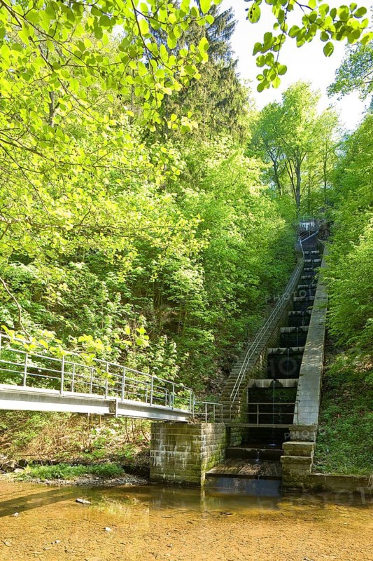 Rabenauer Grund cascades of the hydroelectric power plant power station. The Rabenauer Grund hydroelectric power station was connected to the power grid in 1911. It is supplied with water from the Rote Weißeritz via a 460 metre long tunnel