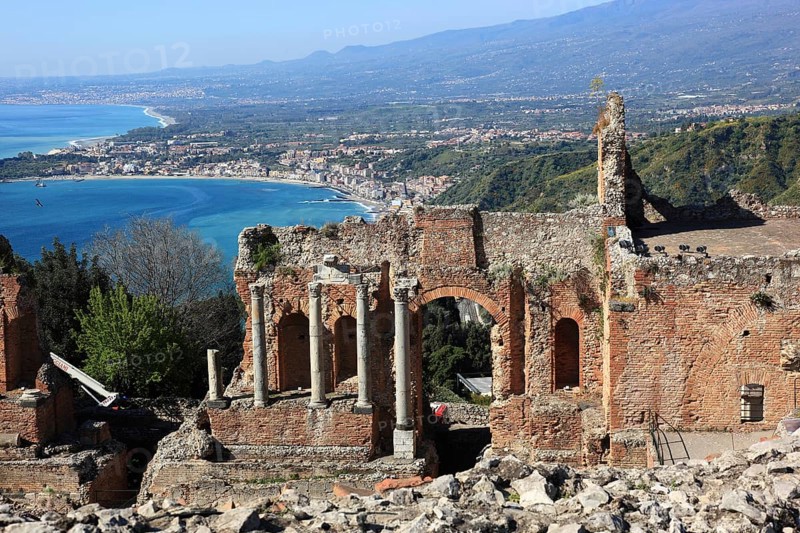 Taormina, view from the ancient theatre to the coastal landscape at Giardina Naxos, Sicily, Italy, Europe
