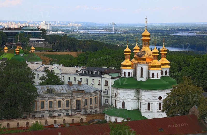 View of the monastery complex of the Kiev Cave Monastery, Holy Assumption Monastery, Pecherskaya Lavraden and the city of Kiev, Ukraine, from the bell tower, Europe