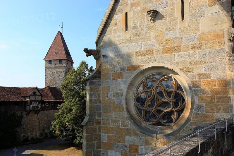 Round window of the Luther Chapel of the Veste Coburg, Coburg, Upper Franconia, Bavaria, Germany, Europe
