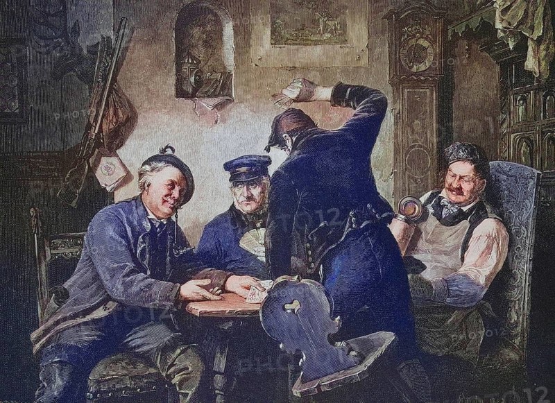 Vier Schafkopfspieler in einem Dorfwirtshaus, Kartenspiel, Männer, Deutschland, um 1885, Historical, digitally restored reproduction from a 19th century original, Four card game players in a village inn, card game, men, around 1885, Historical, digitally restored reproduction from a 19th century original