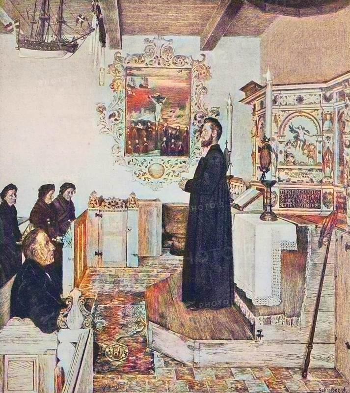 Church service on the island of Hallig Oland, Frisian island, Germany, Historic, digital reproduction of an original 19th-century template, original date unknown, Europe