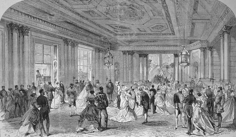 The Great Porch of Buckingham Palace on the Day of the Royal Reception, 1869, London, England, Historic, digitally restored reproduction of a 19th century original