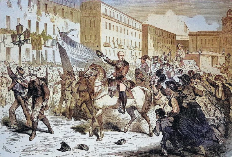 Marshal Serrano at the Puerta del Sol in Madrid, 1869, Spain, Historical, digitally restored reproduction of a 19th century original, Europe