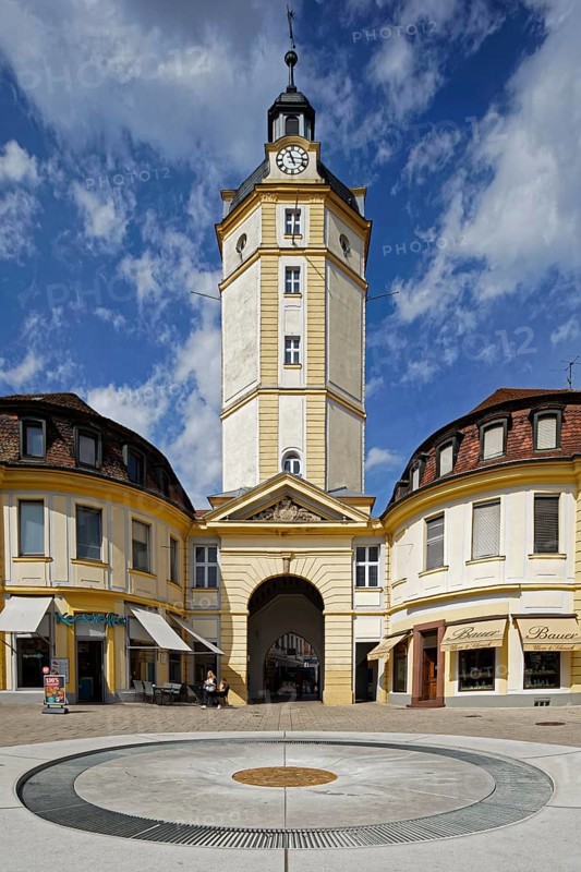 Herrieder Tor, 1712, 1757, 47 metres high, octagonal, tower, gate tower, tower clock, by master builder Johann David Steingruber, Uzstraße 30, Ansbach, Middle Franconia, Franconia, Bavaria, Germany, Europe