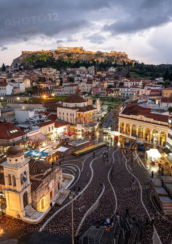 View over the old town of Athens, with Panagia Pantanassa Church, Tzisdarakis Mosque and Acropolis, illuminated Monastiraki Square, Athens, Attica, Greece, Europe