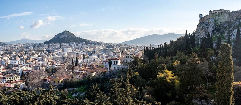 View from Areopagus Hill over the city, Old Town and Acropolis, in the back Mount Lycabettus