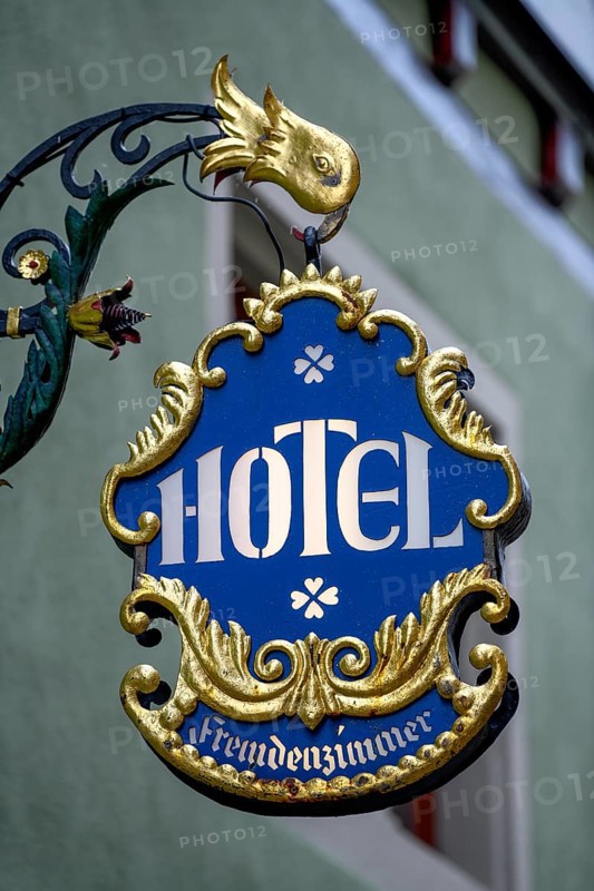 Sign for guest rooms at a hotel, Rothenburg ob der Tauber, Tauber valley, Franconia, Bavaria, Germany, Europe