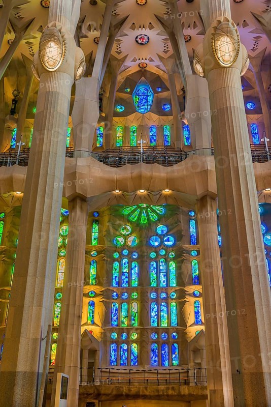 Interior view of the Familia Sagrada by the architect Antonio Gaudi in Barcelona, Spain, Europe