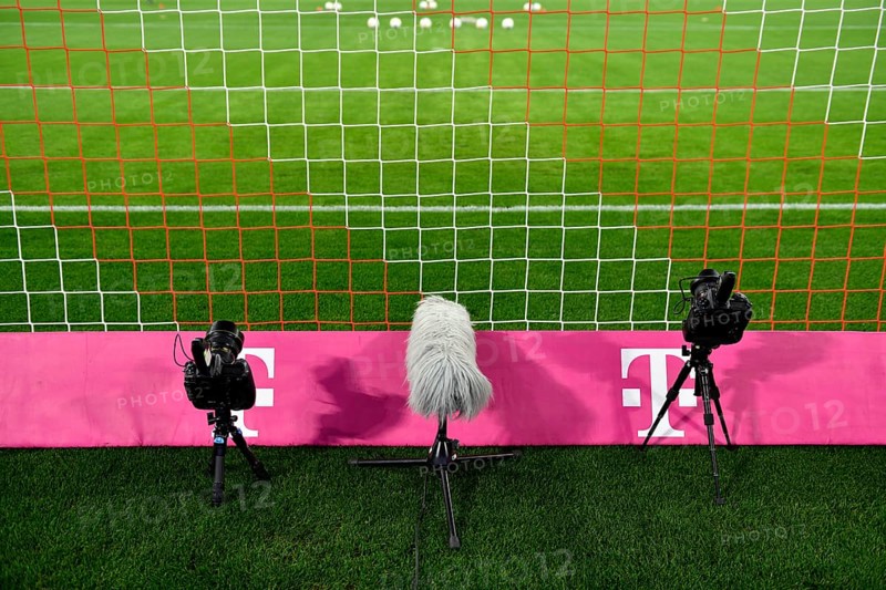 Backdoor cameras of photographers, remote, remote camera, outdoor microphone, Telekom logo, Allianz Arena, Munich, Bavaria, Germany, Europe