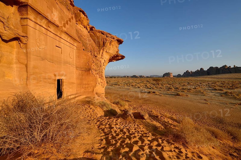 Nabataean tomb at Djabal Al-Ahmar in first daylight, Hegra or Mada'in Salih, AlUla region, Medina province, Saudi Arabia, Arabian Peninsula, Asia