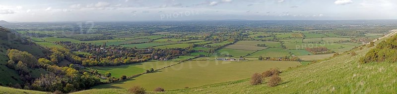 View of the village of Fulking from the South Downs Way near Brighton, panoramic view, Photomerge, West Sussex, England, Great Britain