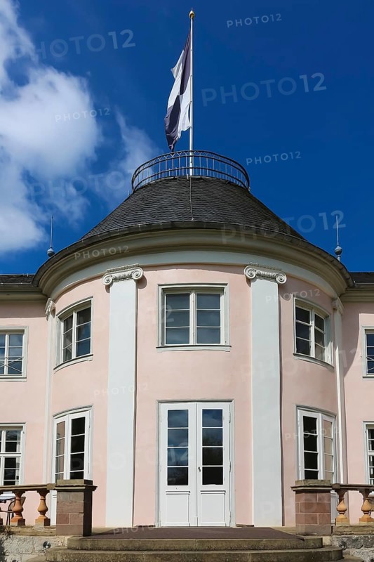 Villa Eugenia, named after Princess Eugenie von Hohenzollern-Hechingen, Princess of Leuchtenberg, the last residence of the princes of Hohenzollern-Hechingen, classicist centre building built from 1786 to 1787 by Prince Joseph Wilhelm as a summer pleasure garden house, flagpole, flag, historic building, Hechingen, Zollernalbkreis, Baden-Württemberg, Germany, Europe