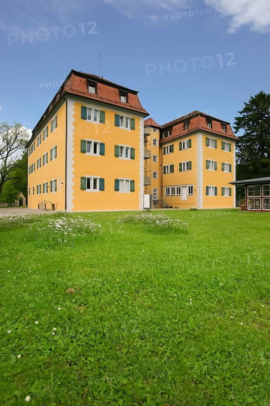 Grafeneck Castle, former hunting lodge of the Dukes of Württemberg around 1560, later summer residence of Duke Carl Eugen von Württemberg, Grafeneck killing centre during the Third Reich, today home for the disabled run by the Samaritan Foundation and memorial, documentation centre, historical building, architecture, Gomadingen-Grafeneck, Swabian Alb, Baden-Württemberg, Germany, Europe