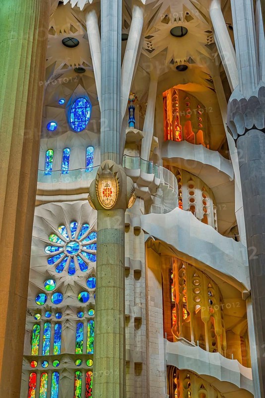 Interior view of the Familia Sagrada by the architect Antonio Gaudi in Barcelona, Spain, Europe
