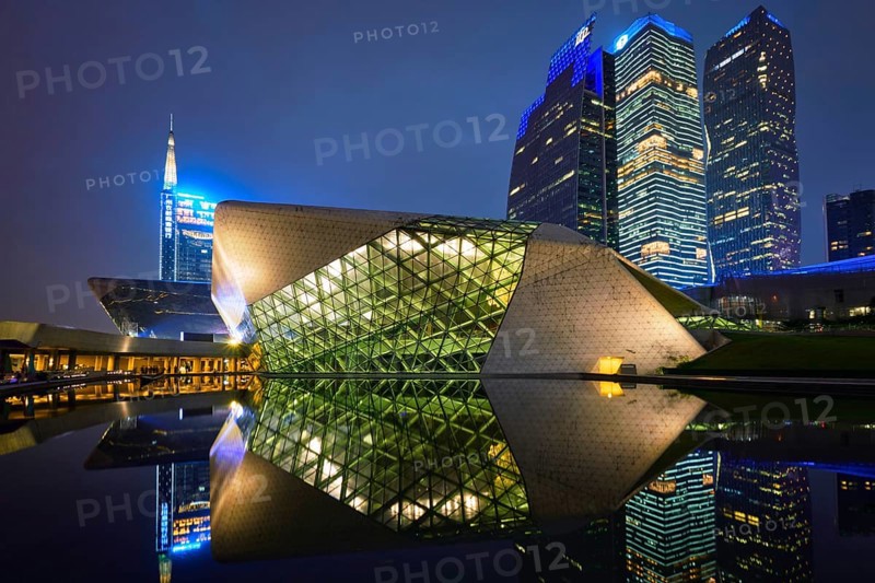 GUANGZHOU, CHINA, APRIL 27, 2018: Guangzhou Opera House designed by famous Iraqi architect architect Zaha Hadid illluminated at night