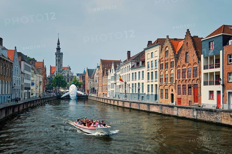 BRUGES, BELGIUM, MAY 29, 2018: Tourist boat in canal between old houses with The Bruges Whale plastic installation and The Burghers' Lodge Poortersloge tower. Brugge Bruges, Belgium, Europe