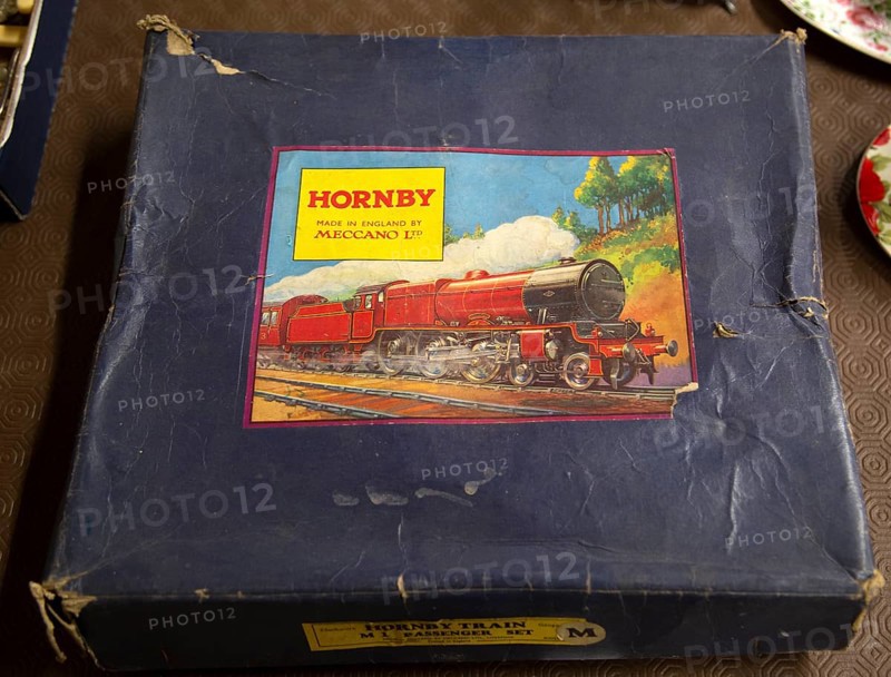 Boxed child's Hornby train set on display at auction room, UK