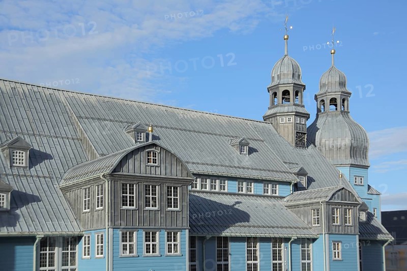 Blue baroque market church, wooden church, blue, Clausthal, Clausthal-Zellerfeld, Harz, Lower Saxony, Germany, Europe