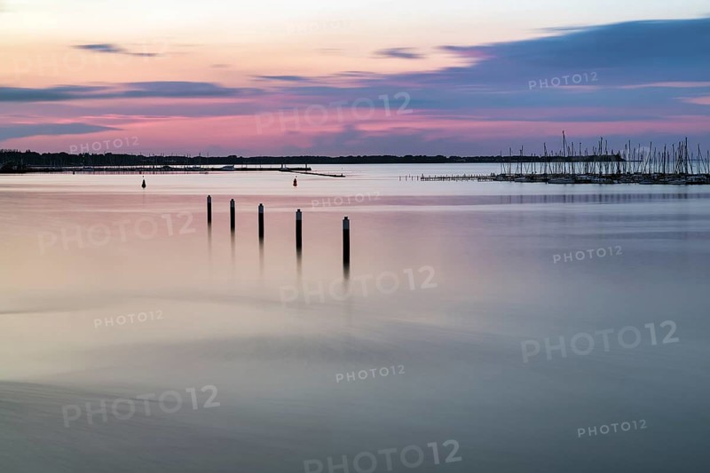 Evening twilight on the Strelasund, long exposure, Stralsund harbour, Germany, Europe