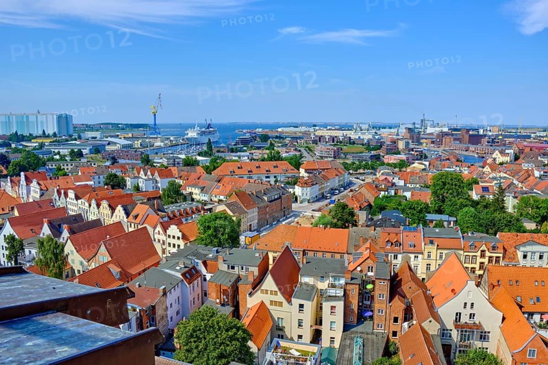 View from the viewing platform of the Georgenkirche over the Hanseatic city of Wismar, Mecklenburg-Western Pomerania, Germany, Europe