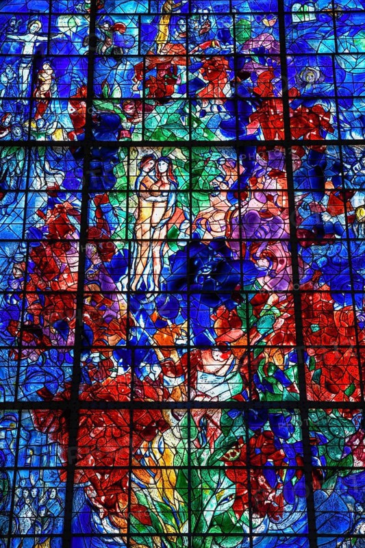 Monumental stained glass window La Paix, the Peace, by Marc Chagall in the Chapelle des Cordeliers, 18th century Franciscan chapel, Sarrebourg or Saarburg, Moselle, Grand Est region, Lorraine, France, Europe