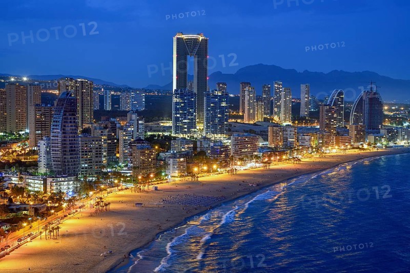 Skyline of Benidorm with the high-rise Intempo, with 192 metres the highest residential building in Europe, blue hour, Playa Poniente, Benidorm, Costa Blanca, Valencia County, Spain, Europe