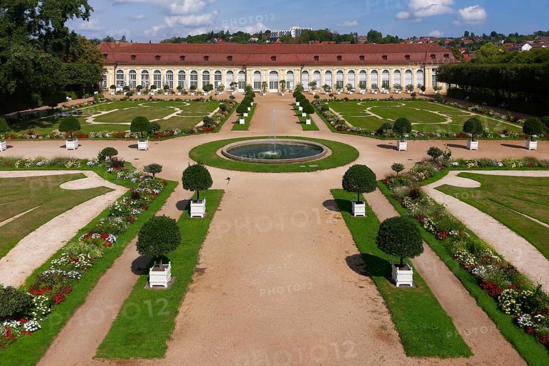 Aerial view, Margravial Court Garden Ansbach with orangery, built 1726-1744, Baroque, park, garden, palace garden, Ansbach, Middle Franconia, Franconia, Bavaria, Germany, Europe