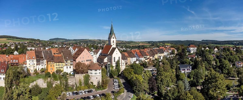 Aerial view of the town of Engen with the Church of the Assumption of the Virgin Mary, Constance district, Baden-Württemberg, Germany, Europe