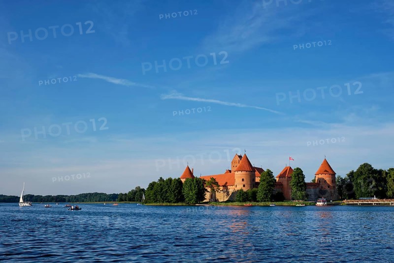 Trakai Island Castle in lake Galve in day, Lithuania. Trakai Castle is one of major tourist attractions of Lituania
