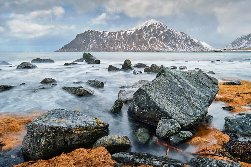 Rocky coast of fjord of Norwegian sea in winter with snow. Skagsanden beach, Lofoten islands, Norway, Europe