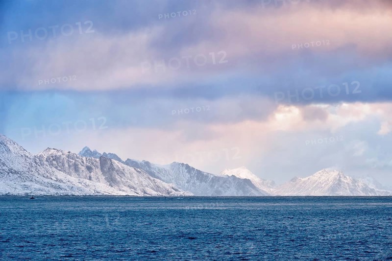 Norwegian fjord on sunrise. Lofoten islands, Norway, Europe