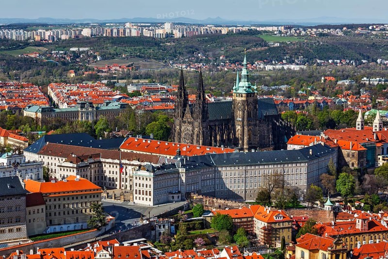 Aerial view of Hradchany: the Saint Vitus (St. Vitt's) Cathedral and Prague Castle. Prague, Czech Republic, Europe