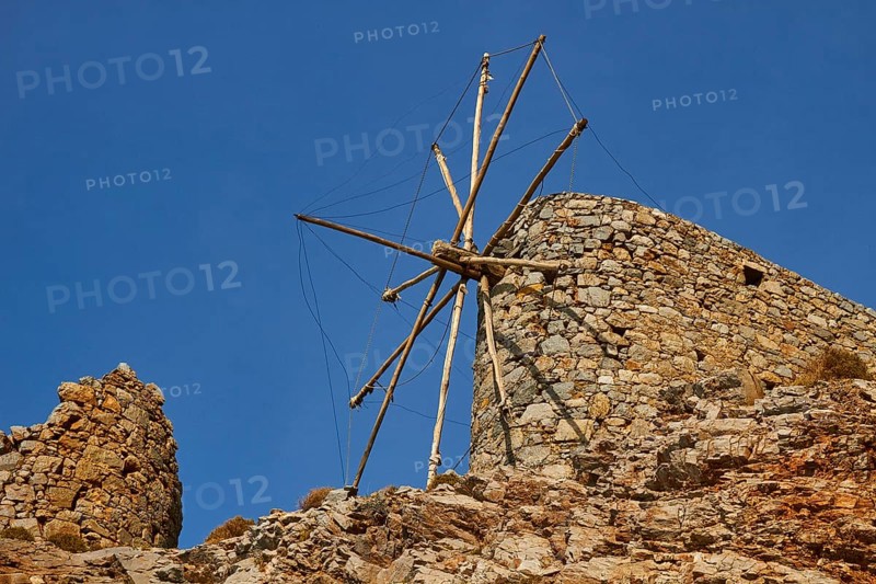 Old windmill, flour mill, Ambelos Pass, blue sky, Lassithi plateau, Lassithi, East Crete, island of Crete, Greece, Europe