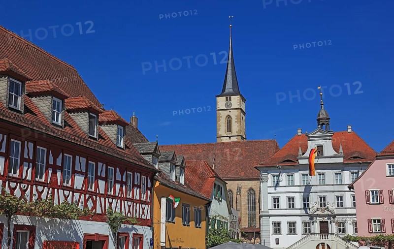 Town of Iphofen, market square with St. Vitus parish church and the town hall, Kitzingen district, Lower Franconia, Bavaria, Germany, Europe