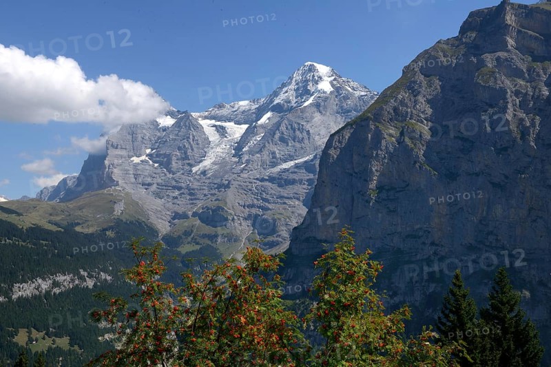 Eiger and Mönch, view of the mountains from Mürren, Jungfrau region, Bernese Oberland, Canton Bern, Switzerland, Europe