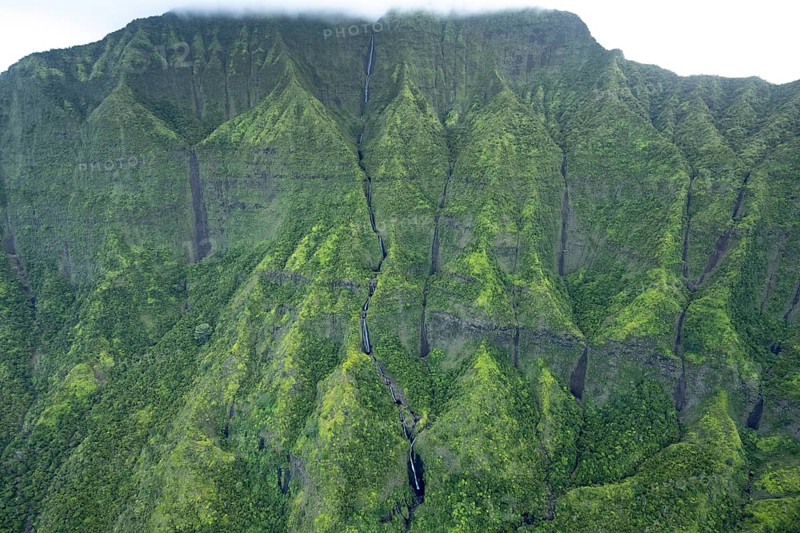 Aerial view Namolokama Falls, Waioli Valley, Kauai, Hawaii, USA, North America