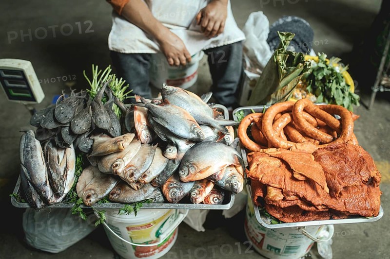 Fish from the Amazon, pacu, colossoma, pork and chorizo, specialities from the low-lying Amazon regions, Mercado Mayorista, Huancayo, Peru, South America