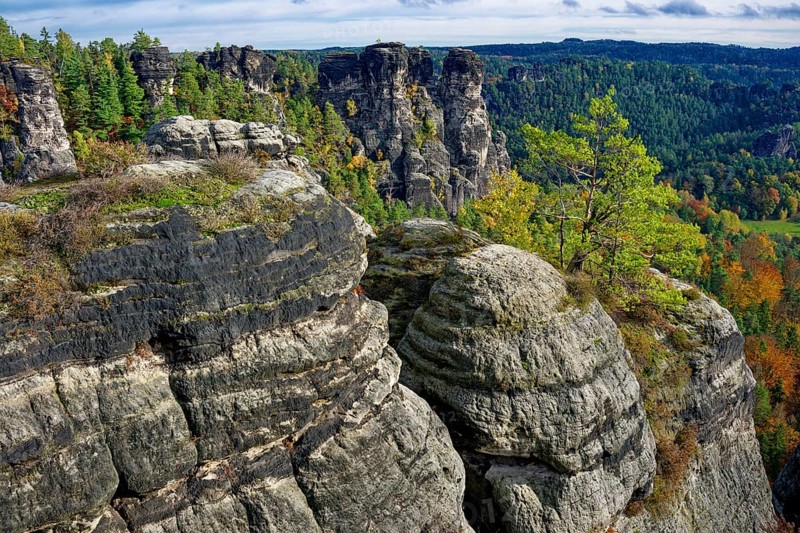 View of the rock formations of Saxon Switzerland from the Ferdinandstein, Lohmen, Elbe Sandstone Mountains, Saxony, Germany, Europe