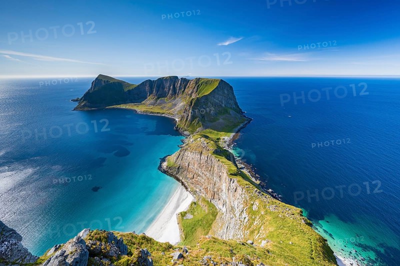 View from Håheia or Håen mountain to mountains and coast, Måstad peninsula, Værøy island, Vaeroy, Lofoten, Norway, Europe