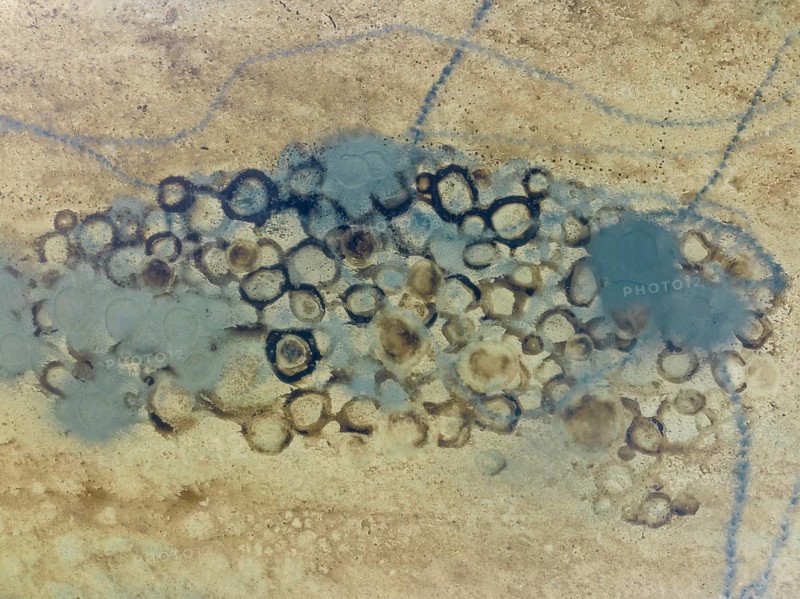 Conspicuous patterns at the bottom of the shallow lagoon Salinas de Cerrillos, aerial view, drone shot, Almería province, Andalusia, Spain, Europe