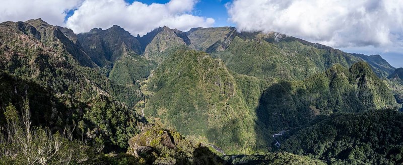 Densely overgrown steep mountains, green mountain landscape, view from the Miradouro dos Balcões, mountain valley Ribeira da Metade and the central mountains, Madeira, Portugal, Europe