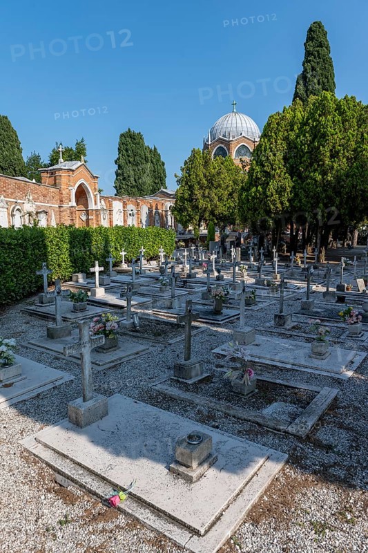Graves, dome of St Christopher's Church at the back, San Michele cemetery island, Venice, Italy, Europe