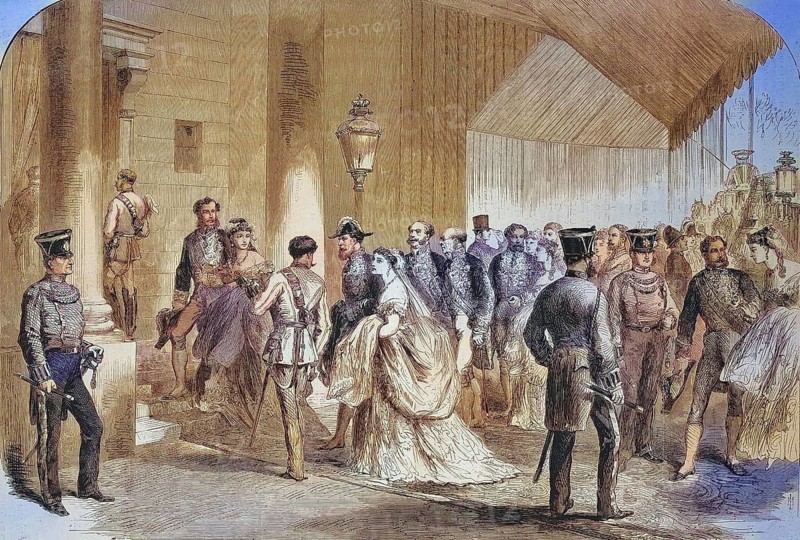Members of the English High Nobility bidding farewell to Their British Majesties in front of their departure for the Continent, 1869, England, Historic, digitally restored reproduction of an original 19th century print, exact original date unknown