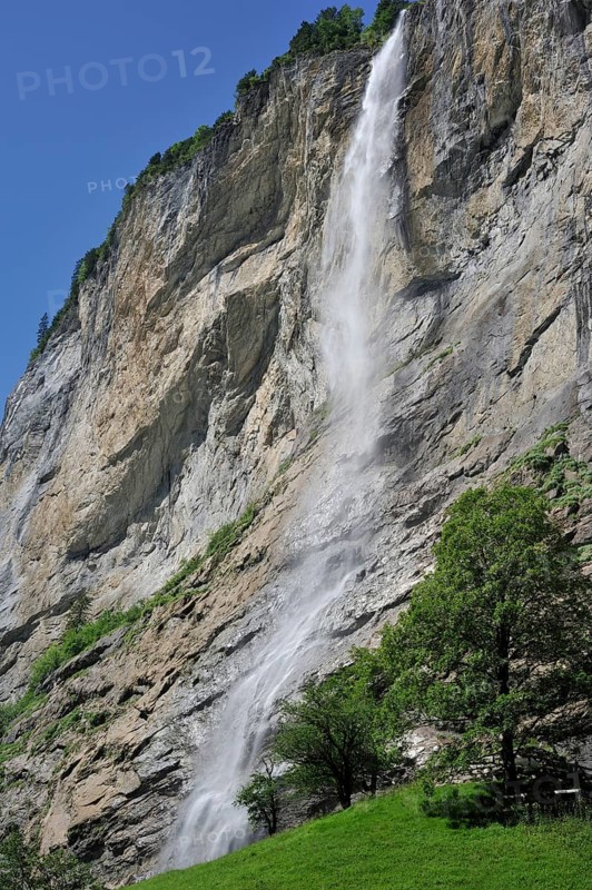 The 300 m high Staubbach Falls near Lauterbrunnen in the Bernese Oberland, Swiss Alps, Switzerland, Europe