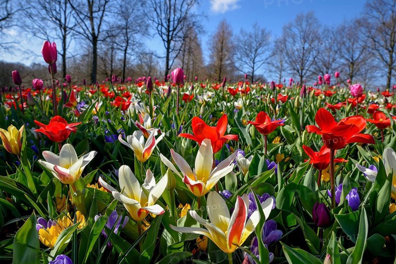 Flower splendour with colourful Tulips (Tulipa) and Crocus (Crocus) in spring, Keukenhof, Lisse, Province South Holland, Netherlands