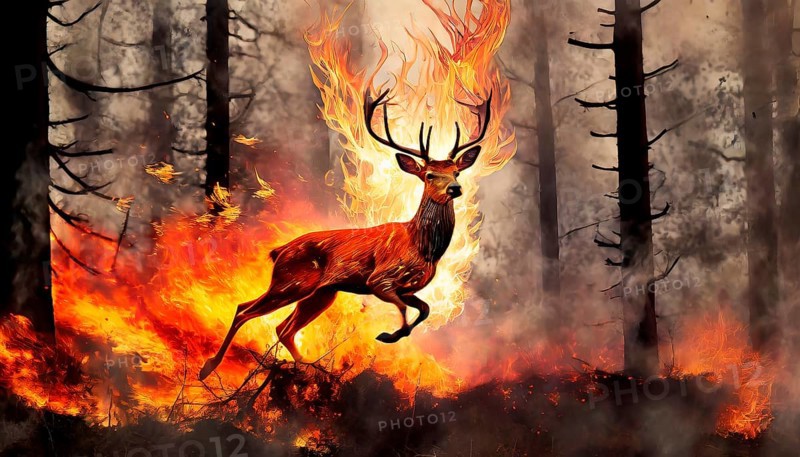 Climate change, global warming, environmental catastrophe, a deer flees in great leaps from a forest fire, AI generated