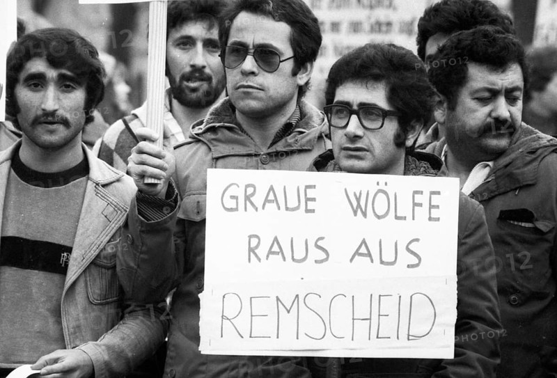 A ban on the Turkish right-wing organisation Graue Woelfe and the NPD was demanded by predominantly Turkish demonstrators on 01.03.1980 in Remscheid, Germany, Europe