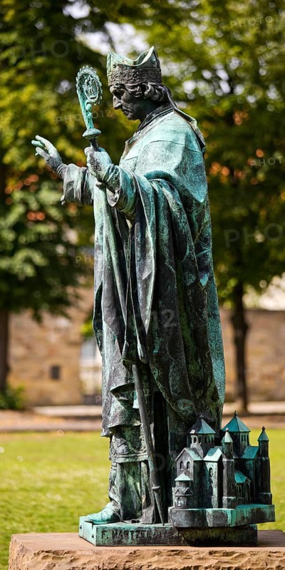 Bernward of Hildesheim, statue by Ferdinand Hartzer in the cathedral courtyard in Hildesheim, Lower Saxony, Germany, Europe