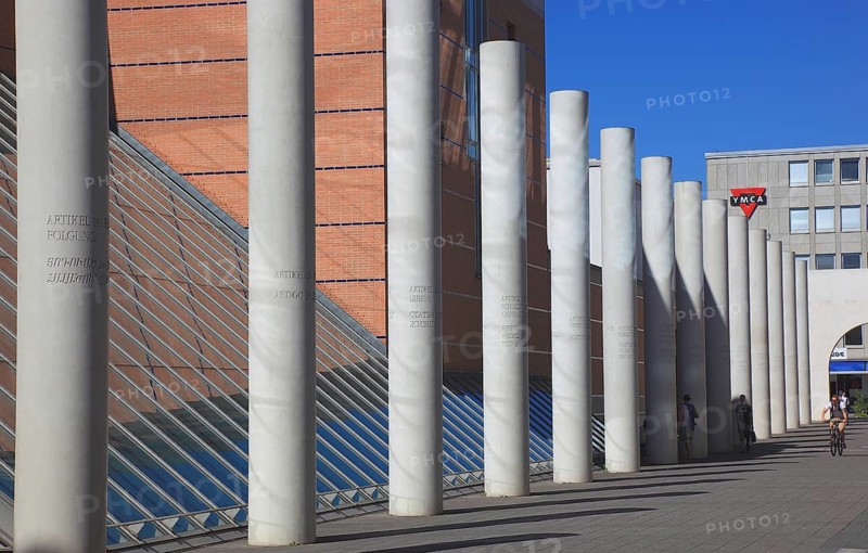 In the historic centre of Nuremberg, Street of Human Rights, by artist Dani Karavan at the Germanic National Museum, white columns with human rights articles in short form, Middle Franconia, Bavaria, Germany, Europe